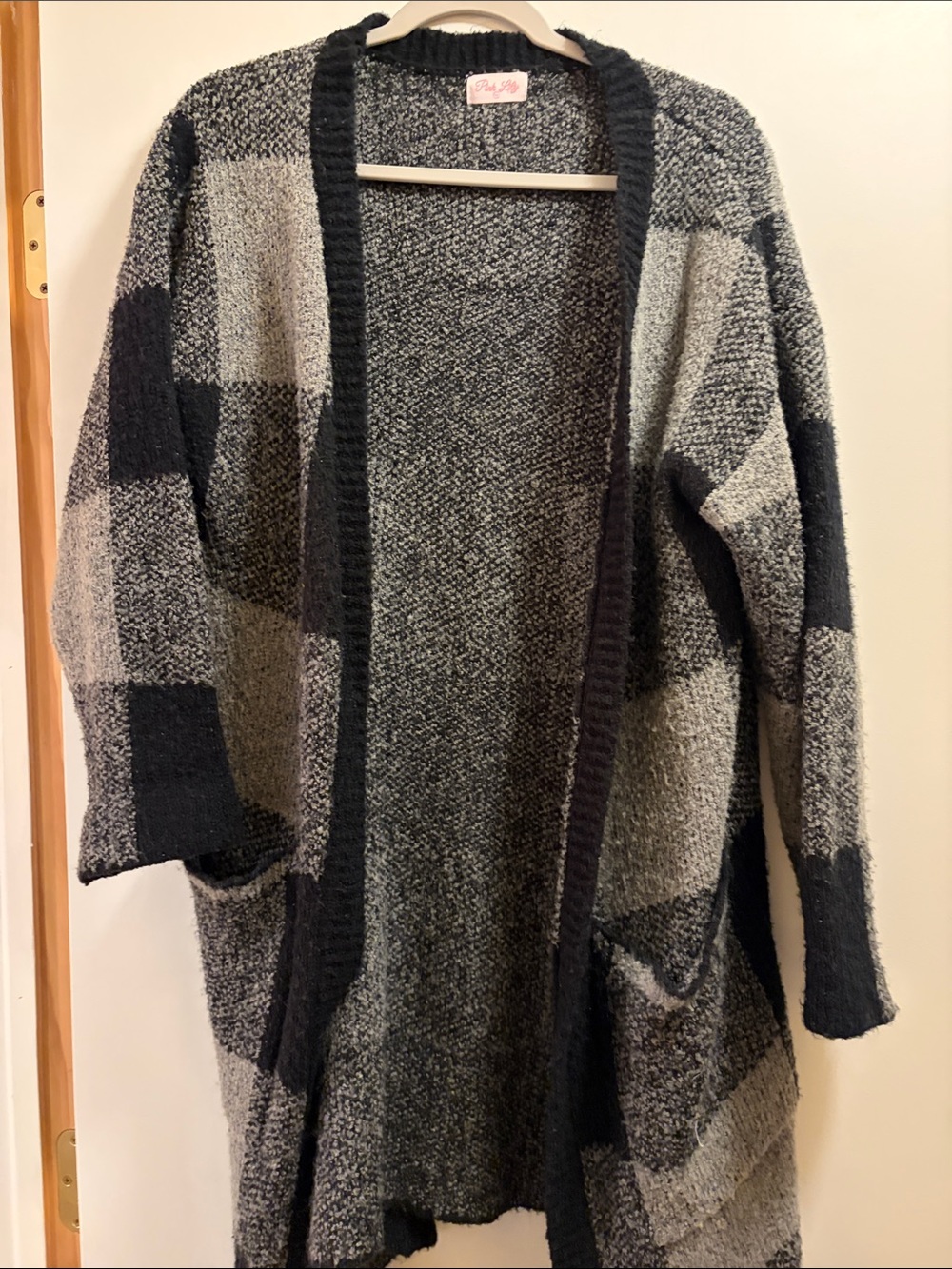 Pink Lily Black & Gray Open-Front Checker Cardigan